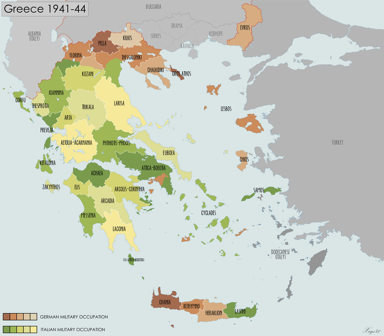 Map of Greece showing German/Italian occupied areas