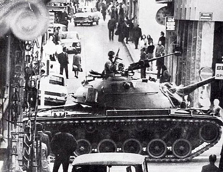 Army tank on Athens Street